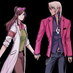  1boy 1girl ace_attorney album_cover_redraw amikoiiko apollo_justice:_ace_attorney armband belt belt_buckle black_background black_belt black_pants blonde_hair blue_eyes breast_pocket brown_hair brown_pants buckle chain chain_necklace closed_mouth commentary cowboy_shot dark-skinned_male dark_skin derivative_work dress_shirt drill_hair earrings ema_skye english_commentary eyewear_on_head facing_to_the_side fingernails green_eyes green_vest half_updo highres holding_hands index_ring initial jacket jewelry klavier_gavin lab_coat lapels lenny_kravitz light_smile long_hair long_sleeves looking_at_another looking_at_viewer medium_hair middle_ring mismatched_eyebrows multiple_rings neckerchief necklace notched_lapels pants peggy_gou pink-tinted_eyewear pink_shirt pleated_pants pocket popped_collar purple_jacket purple_shirt red_armband red_neckerchief ring round_eyewear shirt simple_background single_earring sleeves_rolled_up sternocleidomastoid_muscle suit_jacket sunglasses tinted_eyewear vest waistcoat wallet_chain watch white-framed_eyewear wristwatch 