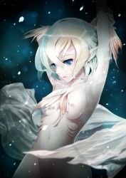  1girl armpits arms_up blue_eyes breasts female_focus fins gills highres md5_mismatch mermaid monster_girl navel niketora nipples nude original resolution_mismatch slit_pupils solo source_smaller underwater water  rating:Questionable score:37 user:danbooru