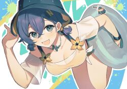  1girl :d belle_(summer_skies)_(zenless_zone_zero) bent_over bikini black_hat blue_background blue_hair breasts cleavage commentary fish_hat green_eyes hair_ornament hat holding holding_swim_ring innertube jewelry letter_hair_ornament looking_at_viewer medium_breasts necklace off-shoulder_shirt off_shoulder official_alternate_costume open_mouth orange_bikini outline see-through_clothes see-through_shirt shirt smile solo swim_ring swimsuit tied_shirt umeda_shiso white_background white_outline white_shirt zenless_zone_zero 