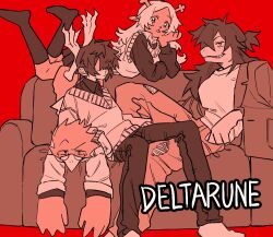  1boy 1other 2girls animal_ears antlers armrest beak berdly_(deltarune) bird_boy bird_legs bird_wings black_pants black_shirt black_skirt black_socks black_sweater buck_teeth closed_mouth coat commentary couch deer_antlers deer_ears deer_girl deltarune denim dokusony83834 english_commentary furry furry_female glasses hair_down hand_on_own_face horns jeans kneehighs kris_(deltarune) limited_palette long_hair lying miniskirt monster_girl multiple_girls no_eyes no_shoes noelle_holiday on_couch on_stomach pants pleated_skirt ponytail red_background reindeer_girl reptile_girl shaded_face shirt short_hair sitting sitting_on_person skirt smile socks striped_clothes striped_sweater susie_(deltarune) sweater sweater_vest teeth torn_clothes torn_jeans torn_pants vest white_shirt wings 