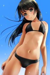  1girl :o arms_at_sides bare_arms bare_shoulders bikini black_bikini black_hairband blue_sky blush breasts brown_hair collarbone cowboy_shot day female_focus fingernails gluteal_fold hairband head_tilt highres legs_apart long_hair looking_at_viewer matsunaga_kouyou navel open_mouth original outdoors sky small_breasts solo standing stomach strap_gap swimsuit water_drop wet  rating:Sensitive score:97 user:danbooru