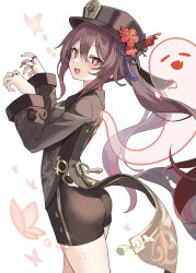 100 100percent_park 1girl ass black_coat black_headwear black_shorts blush boo_tao_(genshin_impact) breasts brown_hair bug butterfly coat coattails flower genshin_impact ghost hat hat_flower highres hu_tao_(genshin_impact) insect long_hair long_sleeves looking_at_viewer open_mouth plum_blossoms red_eyes revision shorts small_breasts smile symbol-shaped_pupils thighs twintails very_long_hair rating:Sensitive score:30 user:danbooru