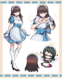  2girls absurdres bang_dream! bang_dream!_it&#039;s_mygo!!!!! black_hair blue_eyes blush breasts brown_hair brown_shoes chinese_commentary cleavage closed_eyes commentary_request dress earrings heart heart_hands highres jewelry lawson long_hair maid maid_headdress medium_hair multiple_girls multiple_views one_eye_closed open_mouth purple_eyes red_dress shiina_taki shoes short_sleeves simple_background taking_picture unique_(pixiv12704744) white_background yahata_umiri 