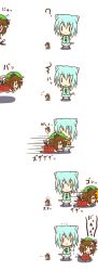 &gt;_&lt; 5koma ? ^^^ animal_ears bird blue_hair brown_hair cat_ears cat_tail chen chibi closed_eyes comic crying hat hestia hestia_(neko_itachi) jumping mystia_lorelei mystia_lorelei_(bird) open_mouth out_of_frame peeking_out short_hair simple_background sliding tail tatara_kogasa touhou white_background wings |_| rating:Sensitive score:3 user:danbooru