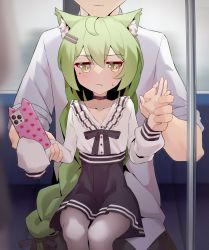  1boy 1girl akashi_(azur_lane) animal_ear_fluff azur_lane bad_id bad_twitter_id black_choker black_ribbon black_skirt blush braid cellphone chin_rest choker closed_mouth embarrassed green_hair hair_ornament hairclip head_on_head head_rest hetero high-waist_skirt holding holding_another&#039;s_wrist holding_phone long_hair long_sleeves mole mole_under_eye neck_ribbon pantyhose phone ribbon shirt single_braid sitting sitting_on_lap sitting_on_person skirt sleeves_past_fingers sleeves_past_wrists smartphone smartphone_case streetcar_interior very_long_hair viroa white_pantyhose white_shirt yellow_eyes 