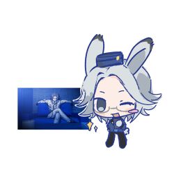  alternate_costume aotsuki_eito blue_hair blush chibi chibi_only diamond_(shape) glasses grey_eyes highres looking_at_viewer one_eye_closed open_mouth outfit_connection parody parted_lips persona rabbit_boy rabbit_ears rabbit_tail screenshot_inset the_hundred_line_-last_defense_academy- velvet_room white_hair 