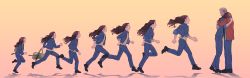  10s 1boy 1girl absurdres age_progression aged_up backpack bag beard brown_hair facial_hair father_and_daughter grey_hair highres hug jacket juneseo logan_(film) logan_(movie) long_hair marvel open_mouth running wolverine_(x-men) x-23 x-men x-men_film_series 