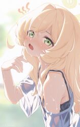  1girl anocco bare_shoulders blonde_hair blue_archive blurry blurry_background blush commentary_request green_eyes halo hand_up highres hot loli long_hair looking_at_viewer off_shoulder open_mouth professor_niyaniya_(blue_archive) shirt short_sleeves solo sweat upper_body wet wet_clothes wet_shirt white_shirt wide_sleeves yellow_halo  rating:Sensitive score:14 user:danbooru