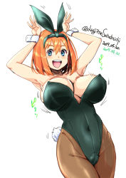  1girl :d animal_ears armpits blue_eyes breasts brown_pantyhose cleavage go-toubun_no_hanayome highres large_breasts leotard nakano_yotsuba open_mouth orange_hair pantyhose playboy_bunny rabbit_ears sanemichi_hajime simple_background smile solo standing white_background wrist_cuffs  rating:Sensitive score:43 user:pantsukiller