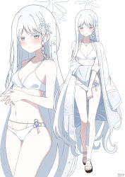  1girl bare_arms bare_shoulders bikini blue_archive blush braid breasts closed_eyes hair_ornament haori highres holding_own_arm japanese_clothes jewelry looking_at_viewer nagusa_(blue_archive) nagusa_(swimsuit)_(blue_archive) navel necklace neko_huan official_alternate_costume official_alternate_hairstyle own_hands_together pale_skin sandals single_braid small_breasts smile snowflake_hair_ornament solo stomach swimsuit white_bikini white_eyes white_hair white_haori white_sandals 
