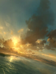  absurdres blue_sky cloud commentary dutch_angle english_commentary evening gradient_sky highres horizon krita_(medium) light_rays nature no_humans ocean orange_sky original outdoors philipp_urlich reflection reflective_water refraction scenery seascape signature sky sunbeam sunlight sunset water 