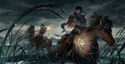  2boys absurdres au_ra black_hair boots bridle capelet cloud cloudy_sky day elezen elf final_fantasy final_fantasy_xiv fingerless_gloves gloves highres holding holding_lamp holding_reins horns horse horseback_riding jewelry lamp long_sleeves looking_afar looking_at_another male_focus multiple_boys outdoors pants pendant pointy_ears rain red_hair reins riding saddle scales scarf shield shield_on_back shirt shiun_(zxw936170020) short_hair short_sleeves sky sword tail vest warrior_of_light_(ff14) water weapon weapon_on_back 