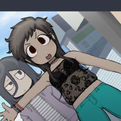  1girl 1other adriana_ortega angel_martinez bracelet breasts brown_hair clinical_trial_(game) denim eyeshadow highres his_pronouns_are_they/them_(meme) homunculus100 jeans jewelry jitome makeup meme pale_skin pants scene_fashion self-harm_scar shirt toon_(style) 