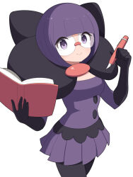  1girl blunt_bangs bob_cut book bow breasts elbow_gloves glasses gloves hiyoshipow holding holding_book holding_pen large_bow low-cut medium_breasts nintendo pantyhose pen pokemon pokemon_bw purple_eyes purple_hair purple_skirt rimless_eyewear round_eyewear shauntal_(pokemon) short_hair skirt smile solo 