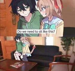  +_+ 1boy 1girl :d ^_^ animal_ears aqua_bow aqua_bowtie asymmetrical_legwear black_hair black_socks black_thighhighs blue_sailor_collar blue_skirt blush bow bowtie brown_hair cat_ears cat_tail chair closed_eyes closed_mouth couch door english_text eye_contact green_eyes green_hoodie hair_between_eyes hair_ornament hair_ribbon hairclip hands_on_lap heart heart_hair_ornament highres hood hoodie indie_virtual_youtuber kneehighs long_hair looking_at_another neuro-sama off_shoulder on_couch open_mouth parks_and_recreation parody photo-referenced photo_background pink_thighhighs pinkpink939 plant potted_plant red_ribbon ribbon sailor_collar shirt short_hair single_kneehigh single_sock single_thighhigh sitting skirt smile socks sparkle sparkling_aura striped_clothes striped_thighhighs sweatdrop table tail tail_ornament tail_ribbon thighhighs two_side_up uneven_legwear vedal987 virtual_youtuber white_shirt white_thighhighs 