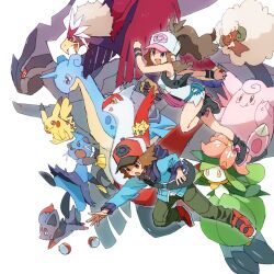  1boy 1girl animal_ears bad_id bad_tumblr_id baseball_cap blue_jacket boots braviary broom brown_eyes clefable colored_sclera denim denim_shorts dewott fox_ears gen_1_pokemon gen_3_pokemon gen_5_pokemon hat hilbert_(pokemon) hilda_(pokemon) holding holding_poke_ball jacket joltik lace-up_boots lapras latias legendary_pokemon lilligant nintendo nyagiratwist open_mouth pikachu poke_ball poke_ball_(basic) pokemon pokemon_(creature) pokemon_bw reaching red_sclera red_shoes shoes shorts whimsicott zekrom zorua 