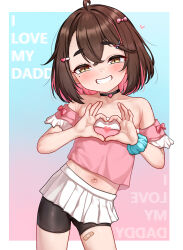  1girl bandaid bandaid_on_leg blue_background blush brown_eyes brown_hair choker covering_breasts covering_privates crop_top eyebrows_visible_through_hat fangs flat_chest gemba_(dlfms75) hair_between_eyes hair_ornament hair_ribbon heart heart_choker heart_hair_ornament heart_hands highres loli looking_at_viewer midriff miniskirt mole mole_under_eye multicolored_hair navel original pantyhose pantyhose_under_skirt pink_background pink_hair ribbon scrunchie see-through_pantyhose short_hair simple_background skirt smile solo text_background white_background white_skirt wrist_scrunchie 