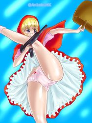  1girl ankake_hitokaji ass bare_legs blonde_hair blue_eyes bow bow_panties b.b._hood cameltoe capcom capelet carrying dress dress_slip gun looking_at_viewer machine_gun panties red_capelet red_dress red_hood smile socks solo teeth thighs underwear darkstalkers weapon  rating:Questionable score:17 user:sasamisa