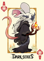  1girl ace_(playing_card) animal_ears arms_up black_robe caicai_(pixiv_19839901) candle card closed_mouth commentary_request copyright_name dark_souls_(series) dark_souls_iii fire_keeper full_body furrification furry furry_female highres holding_flame mouse_ears mouse_girl playing_card robe snout solo standing tail 