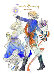  2boys absurdres age_comparison aged_down axis_powers_hetalia blonde_hair blue_eyes blue_tunic boots bouquet closed_eyes dancing dual_persona english_text facial_hair flower france_(hetalia) full_body goatee_stubble happy_birthday highres holding holding_bouquet holding_flower holding_hands jacket long_sleeves male_focus medium_hair military_jacket military_uniform multiple_boys open_mouth pants paopaoliangcha short_hair smile stubble time_paradox tunic wavy_hair 