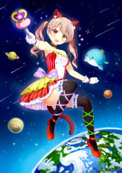 1girl :d absurdres animal_ears bad_id bad_pixiv_id bare_arms bare_shoulders black_bow black_choker black_thighhighs blue_ribbon blush bow breasts brown_hair cat_ears cat_tail choker cloud collarbone crown dress earth_(planet) eroge-_(artist) full_body garter_straps gloves green_eyes green_ribbon hair_bow heterochromia highres holding holding_wand jupiter_(planet) leg_ribbon long_hair looking_at_viewer magical_girl medium_breasts mini_crown open_mouth original panties pantyshot pink_ribbon planet pointing pointing_at_viewer polka_dot polka_dot_bow purple_bow red_dress red_eyes red_footwear ribbon ribbon_choker saturn_(planet) shooting_star short_dress smile space star_(sky) star_(symbol) strapless strapless_dress striped_clothes striped_dress tail thighhighs twintails underwear wand whale white_gloves white_panties rating:Sensitive score:2 user:danbooru