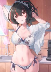  1girl absurdres black_hair bra breasts commentary english_commentary gueya hair_tie_in_mouth highres kitchen lace lace-trimmed_panties lace_trim large_breasts light_blush long_hair looking_at_viewer mouth_hold multicolored_hair navel panties ponytail red_eyes red_hair shirt side-tie_panties solo streaked_hair tying_hair underwear underwear_only white_bra white_panties white_shirt zenless_zone_zero zhu_yuan 