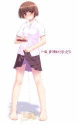 1girl barefoot blush brown_eyes brown_hair can clothes_lift coca-cola feet female_focus ino_(magloid) pee peeing peeing_self shirt short_hair simple_background skirt skirt_lift soda solo standing translation_request wet white_background rating:Questionable score:44 user:danbooru
