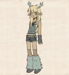  1girl absurdres aged_down animal_ears antlers bare_shoulders blonde_hair blue_arm_warmers blue_bow blue_eyes blue_leg_warmers blue_shirt blue_shorts blue_streaks bow breasts carol_holiday commentary deer_ears deltarune denim denim_shorts english_commentary fishnet_socks fishnets full_body furry furry_female highres hooves horns leg_warmers long_hair multicolored_hair reindeer_antlers reindeer_girl shirt shorts small_breasts socks solo streaked_hair szivarvanyturmix02 two-tone_hair 