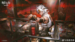  1boy arknights black_shirt cador_(arknights) chinese_commentary commentary_request copyright_logo copyright_name copyright_notice fire_extinguisher from_side highres looking_at_viewer male_focus multicolored_hair official_art pants profile scorpion5050 shirt sleeveless sleeveless_shirt smile tail thumbs_down vest watermark weibo_watermark white_vest yellow_pants 