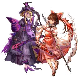  2girls adapted_costume alternate_color ascot between_fingers black_dress black_hat blonde_hair bow breasts brown_hair bug butterfly butterfly_wings closed_mouth commentary_request detached_sleeves dress floral_print frilled_bow frills full_body gap_(touhou) hair_bow hakurei_reimu hat hat_ribbon highres holding holding_polearm holding_weapon insect insect_wings long_hair long_sleeves mob_cap multiple_girls ofuda ofuda_between_fingers polearm print_skirt purple_butterfly purple_eyes purple_ribbon purple_shoes purple_tabard red_bow red_eyes red_skirt ribbon ribbon-trimmed_sleeves ribbon_trim sandals shoes shouxishao_jiuyuan simple_background skirt skirt_set smile socks spear tabard touhou weapon white_ascot white_background white_socks wide_sleeves wings yakumo_yukari 