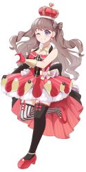  1girl ;d arched_crown bare_shoulders black_thighhighs bow bow-shaped_hair bow_legwear bowtie brown_hair commentary_request crown dress flower_stand_art fujishima_megumi full_body garter_straps grin highres hisaka leg_up link!_like!_love_live! long_hair looking_at_viewer love_live! mismatched_thighhighs one_eye_closed open_mouth purple_eyes red_bow red_crown red_dress red_shoes shoes simple_background sleeveless sleeveless_dress smile solo striped_bow striped_bowtie striped_clothes striped_thighhighs thighhighs two_side_up vertical-striped_clothes vertical-striped_thighhighs virtual_youtuber wavy_hair white_background white_thighhighs yellow_bow yellow_bowtie zenhoi_kyun 