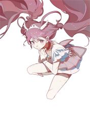  1girl absurdres boots bow bowtie braid brooch choker clenched_teeth coattails collarbone commentary_request cure_happy determined dot_nose dress feather-trimmed_sleeves floating_hair frilled_dress frills full_body hair_between_eyes hair_floating_upwards hair_ornament hand_on_own_chest highres hoshizora_miyuki injury jewelry knee_boots kneeling leaning_forward long_hair looking_at_viewer low_twin_braids low_twintails magical_girl morgue_(southsakura) pink_bow pink_bowtie pink_dress pink_eyes pink_hair pink_shorts precure red_choker short_dress short_sleeves shorts shorts_under_dress simple_background smile_precure! solo teeth tiara twin_braids twintails v-shaped_eyebrows very_long_hair white_background white_boots white_sleeves white_wrist_cuffs wing_hair_ornament wrist_cuffs 