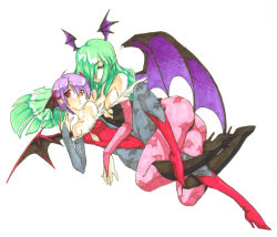 2girls age_difference animal_print ass bare_shoulders bat_print bat_wings breasts capcom cleavage cleavage_cutout clothing_cutout demon_girl elbow_gloves female_focus gloves green_eyes green_hair hair_over_one_eye head_wings hug large_breasts leotard lilith_(darkstalkers) loli long_hair morrigan_aensland multiple_girls neolucky onee-loli pantyhose print_legwear red_eyes red_leotard short_hair darkstalkers wings yuri rating:Questionable score:27 user:danbooru