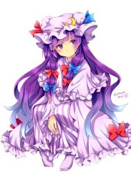  1girl blue_bow blue_ribbon bow capelet chikuwa_savy closed_mouth commentary_request crescent crescent_hat_ornament dress full_body hair_bow hat hat_ornament hat_ribbon long_hair long_sleeves looking_to_the_side mob_cap multiple_hair_bows patchouli_knowledge purple_capelet purple_dress purple_eyes purple_hair purple_hat purple_robe purple_socks red_bow red_ribbon ribbon robe simple_background socks solo squatting striped_clothes striped_dress touhou twitter_username vertical-striped_clothes vertical-striped_dress very_long_hair white_background 