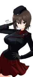  1girl absurdres aikir_(jml5160) arm_up black_gloves black_jacket breasts brown_eyes brown_hair closed_mouth commentary_request dated double-parted_bangs dress_shirt emblem garrison_cap girls_und_panzer gloves hair_between_eyes hand_on_own_hip happy_birthday hat highres insignia jacket kuromorimine_(emblem) kuromorimine_military_uniform large_breasts long_sleeves looking_at_viewer medium_hair military military_hat military_uniform miniskirt nishizumi_maho pleated_skirt red_shirt red_skirt salute shirt simple_background skirt solo white_background 