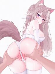  1girl animal_ears anus anus_peek artist_name ass back bare_shoulders blush breasts commentary commission covered_erect_nipples english_commentary eyelashes flower fox_ears fox_girl fox_tail hair_flower hair_ornament highres large_breasts leaning_forward long_hair looking_back median_furrow multicolored_hair open_mouth panties pink_hair purple_eyes pussy sakurai_hana shoulder_blades simple_background solo_focus spread_pussy streaked_hair tail thighhighs thighs two-tone_hair two_side_up uncensored underwear vdonburi virtual_youtuber white_background white_panties white_thighhighs zxcsque 