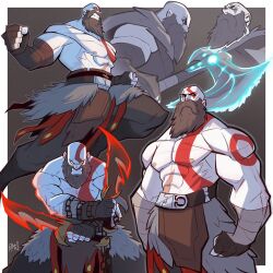  1boy 2024 abs axe bald bandaged_wrist bandages beard belt bodypaint broad_shoulders chain clenched_hands clenched_teeth cloak dual_wielding facial_hair fur_(clothing) fur_cloak god_of_war grey_pants highres holding holding_axe holding_sword holding_weapon kratos_(god_of_war) mature_male muscular muscular_male pale_skin pants rominatempest signature sword teeth thick_beard weapon 