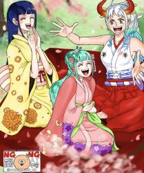 1boy 2girls ^_^ aqua_hair cherry_blossoms closed_eyes commentary_request couchpotato_op eyelashes hakama highres indian_style japanese_clothes kikunojo_(one_piece) kimono kouzuki_hiyori laughing long_hair multiple_girls obi one_piece outdoors pink_kimono red_hakama rope sash seiza shimenawa sidelocks sitting sleeveless sleeveless_kimono twitter_username white_kimono wide_sleeves yamato_(one_piece) yellow_kimono 
