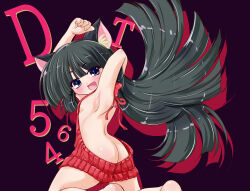 1girl animal_ears armpits arms_behind_back arms_up ass bare_arms bare_back barefoot black_hair blue_eyes blush cat_ears eyebrows eyelashes fang feet female_focus highres kagami_kuro kneeling kodomo_no_jikan loli long_hair looking_at_viewer looking_back meme_attire numbers open_mouth purple_background red_sweater simple_background sweater tongue turning_head virgin_killer_sweater