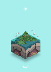 absurdres aqua_background cloud commentary diorama fish gozz highres island isometric no_humans ocean octopus original sea_monster sun underground rating:General score:1 user:danbooru