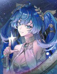  1girl absurdres ahoge bare_shoulders blue_eyes blue_hair breasts cleavage commentary fingernails gold_bra hair_belt head_wreath highres iuno_(wuthering_waves) jewelry long_hair looking_at_viewer medium_breasts parted_lips ring smile solo veri wuthering_waves 