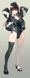  1girl arms_behind_head arms_up black_one-piece_swimsuit black_sandals black_thighhighs blunt_bangs blush breasts brown_eyes brown_hair cleavage closed_mouth commentary_request competition_swimsuit covered_erect_nipples covered_navel girls_und_panzer hands_in_own_hair hat highleg highleg_one-piece_swimsuit jacket large_breasts long_hair long_sleeves looking_at_viewer mature_eyes mature_female military_hat multicolored_swimsuit nishizumi_shiho one-piece_swimsuit open_clothes open_jacket paid_reward_available red_one-piece_swimsuit sandals shimada_fumikane single_thighhigh smile solo standing straight_hair swimsuit swimsuit_under_clothes thighhighs white_one-piece_swimsuit 