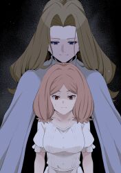  2girls blonde_hair blue_eyes breasts brown_eyes brown_hair closed_mouth commentary_request dress edel_(sousou_no_frieren) highres long_hair methode_(sousou_no_frieren) multiple_girls nervous nervous_sweating smile sousou_no_frieren sweat white_dress yasehattagi  rating:General score:9 user:danbooru