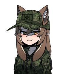  :3 animal_ear_fluff animal_ears blush brown_eyes brown_hair cadpat callisto_(greyeth) canadian_flag choker fox_ears fox_girl hat inkling karepack leaf long_hair maple_leaf original smug tactical_clothes zipper 