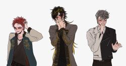 3boys aimono_jyushi amaguni_hitoya averting_eyes bad_ass_temple belt black_hair black_jacket black_kimono black_nails black_pants black_shirt blonde_hair blue_eyes blue_jacket blush brown_belt chain chain_necklace clenched_teeth closed_eyes collared_shirt commentary contrast_collar covering_own_mouth cowboy_shot ear_blush furrowed_brow gold_trim grey_hair grey_jacket hair_over_one_eye hand_in_own_hair hand_up hands_up harai_kuko highres hypnosis_mic jacket japanese_clothes jewelry juban kimono lapels leather leather_jacket lineup long_hair long_sleeves male_focus mature_eyes mole mole_under_eye multicolored_hair multicolored_jacket multiple_belts multiple_boys multiple_piercings multiple_rings necklace necktie nose_blush notched_lapels pale_skin pants peanut_mouth pinky_ring plug_(piercing) pompadour raised_inner_eyebrows reaching reaching_towards_viewer red_hair red_necktie ring shirt short_hair shy side-by-side simple_background sleeve_zipper streaked_hair studded_belt sukajan teeth thumb_ring two-sided_fabric two-tone_hair v-shaped_eyebrows very_short_hair white_background white_jacket white_shirt yellow_eyes zy_(dondokodo-mu) 