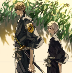  2boys absurdres aged_down aizen_sousuke badge black_kimono bleach bleach:_turn_back_the_pendulum brown_hair closed_eyes fukutaichou_badge glasses height_difference highres ichimaru_gin japanese_clothes kimono male_focus multiple_boys obi sash sheath sheathed shihakusho smirk sword tree weapon white_hair white_sash wide_sleeves xi_luo_an_ya 