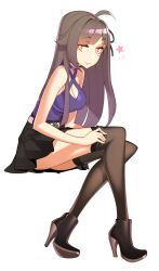  1girl adjusting_clothes adjusting_legwear ahoge belt black_footwear black_skirt black_thighhighs blunt_bangs breasts brown_eyes brown_hair cleavage commission female_focus full_body halphelt halterneck high_heels highres invisible_chair long_hair looking_at_viewer medium_breasts original parted_bangs purple_shirt shirt sitting skirt sleeveless smile solo star_(symbol) thighhighs white_background  rating:Sensitive score:21 user:danbooru