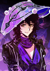  1girl black_hair black_jacket brown_eyes closed_mouth curly_hair d.gray-man hair_between_eyes hat heart jacket long_hair looking_at_viewer miranda_lotto purple_hat purple_scarf purple_shirt scarf shirt sitting smile solo yukmomo 
