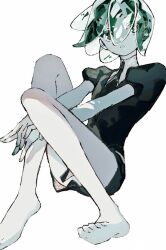  1other androgynous aqua_eyes aqua_nails barefoot colored_eyelashes colored_skin formal_clothes gem_uniform_(houseki_no_kuni) houseki_no_kuni juliet_sleeves long_sleeves necktie other_focus phosphophyllite puffy_sleeves shiro_(kuro_guu) short_hair short_shorts shorts simple_background sitting solo suit white_background white_skin 