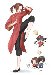 2boys ^^^ arrow_(symbol) axis_powers_hetalia black_hair black_pants black_shoes blue_kimono brown_eyes brown_hair changpao chibi china_(hetalia) chinese_clothes clenched_hand closed_eyes closed_mouth full_body hands_up highres holding japan_(hetalia) japanese_clothes kimono long_hair long_sleeves looking_at_viewer low_ponytail male_focus mandarin_collar multiple_boys multiple_views open_mouth pants ponytail red_shirt shadow shirt shoes short_hair simple_background sitting standing standing_on_one_leg surimi_003 sweat teeth v-shaped_eyebrows white_background wide_sleeves 
